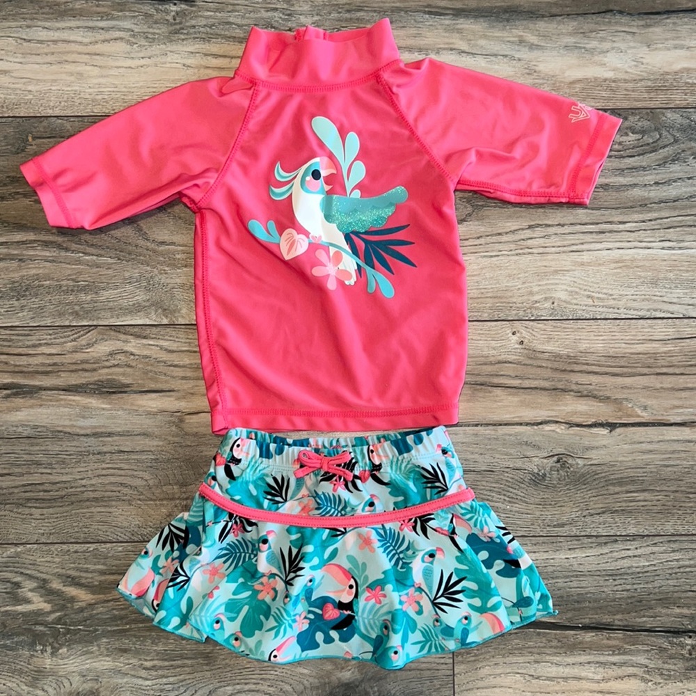 Rashguard & Skirted Two-Piece, SPF 50 protection, EUC, Toucan Print size 2T